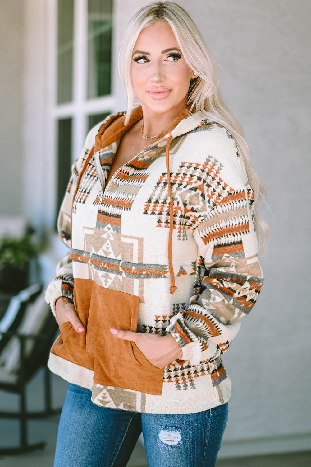 Aztec Print Kangaroo Pocket Half-Zip Hoodie | Beige