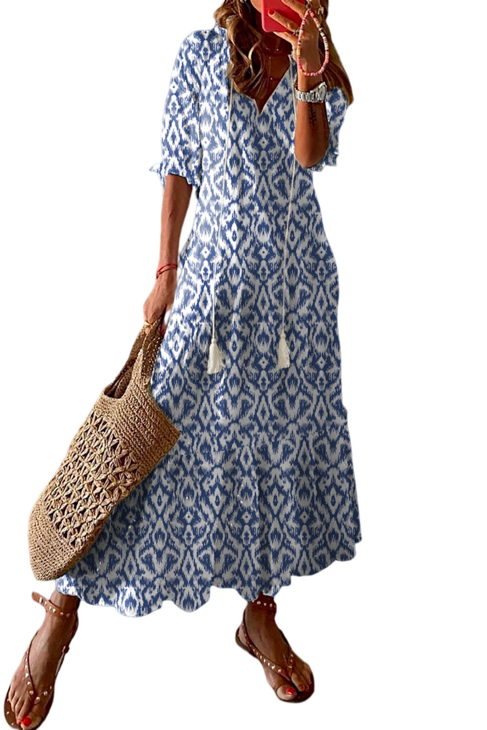 V Neck Casual Geometric Print Maxi Dress | Sky Blue