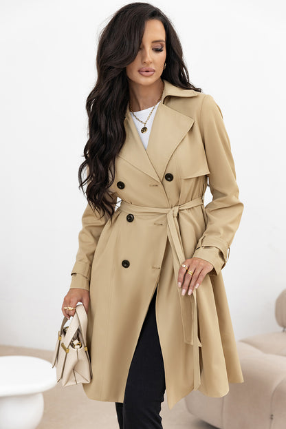 Solid Colour Lapel Collar Waist Tie Wind Coat | Pale Khaki