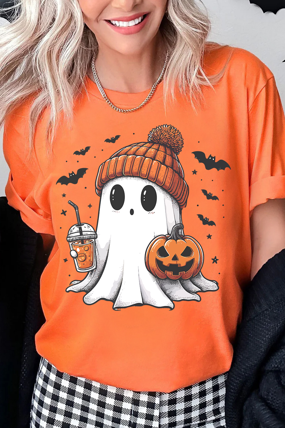 Orange Cute Ghost Pumpkin Face Printed Halloween T Shirt