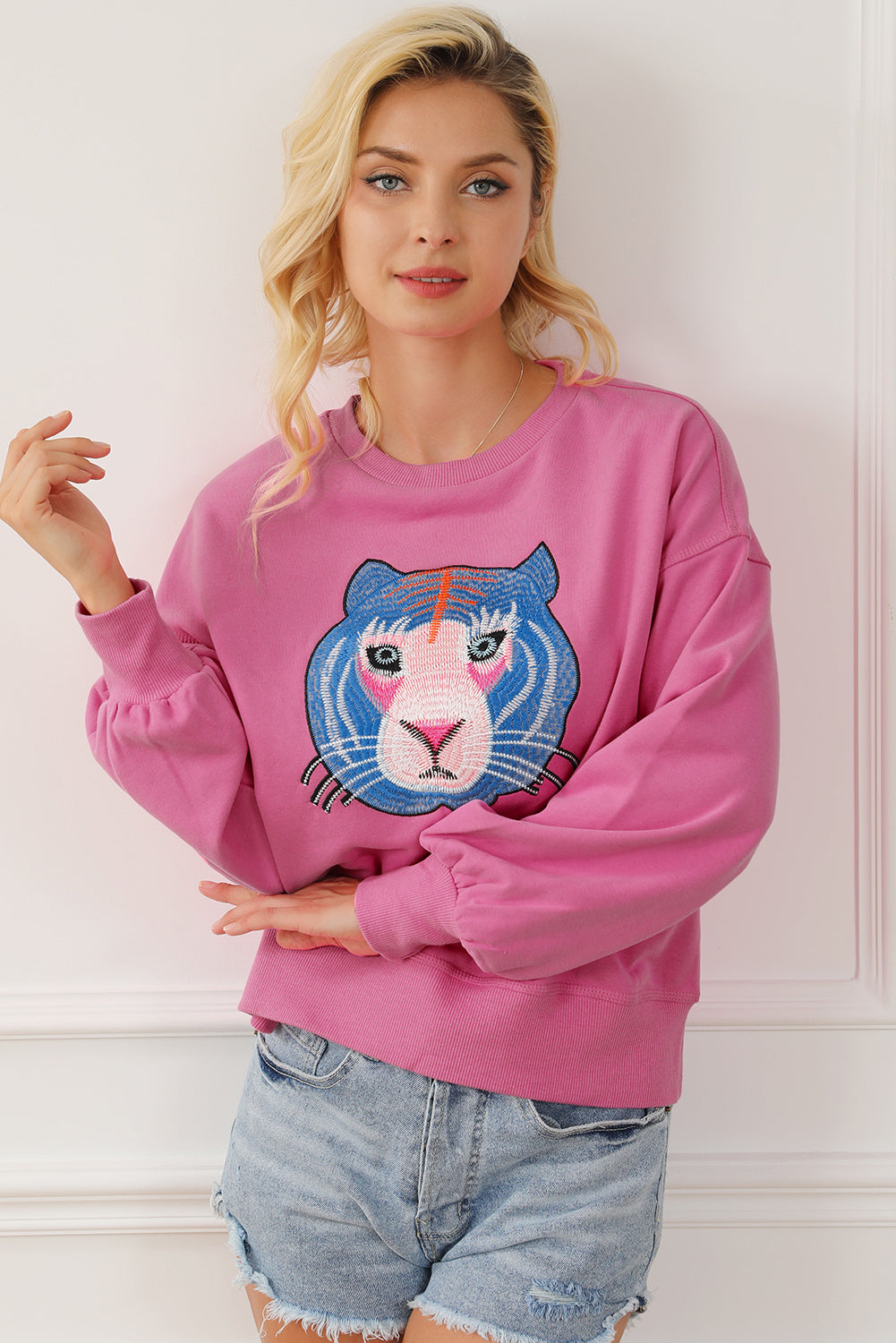 Chic Tiger Embroidered Casual Sweatshirt | Rose