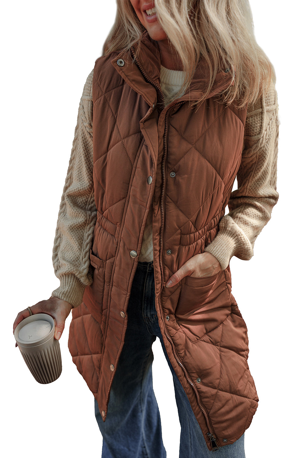 Longline Quilted Stand Collar Puffer Vest | Coffee