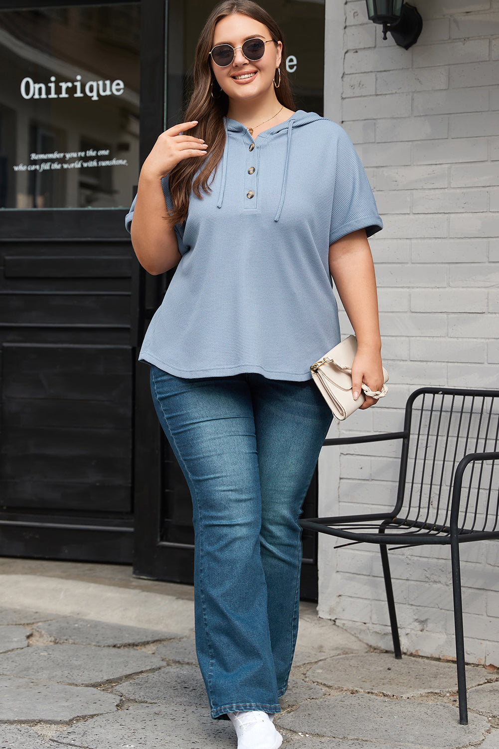 Plus Size Waffle Knit Short Sleeve Drawstring Hoodie | Ashleigh Blue