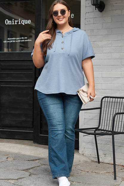 Plus Size Waffle Knit Short Sleeve Drawstring Hoodie | Ashleigh Blue