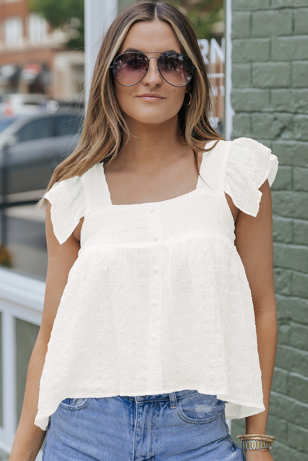 Square Neck Textured Flowy Tank Top | White