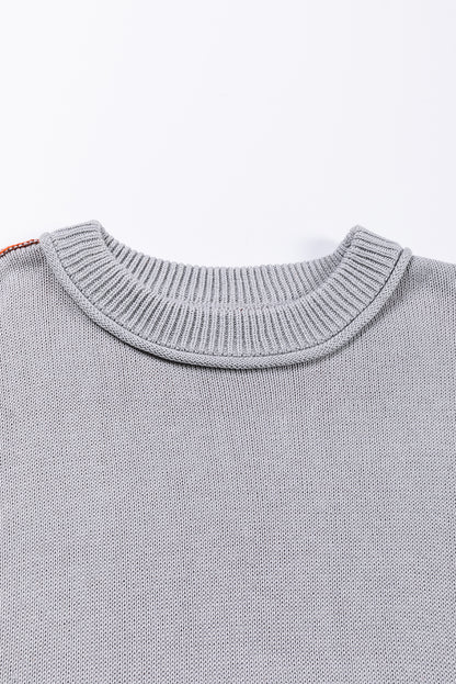 Colourblock Bishop Sleeve Ribbed Trim Sweater | Gray