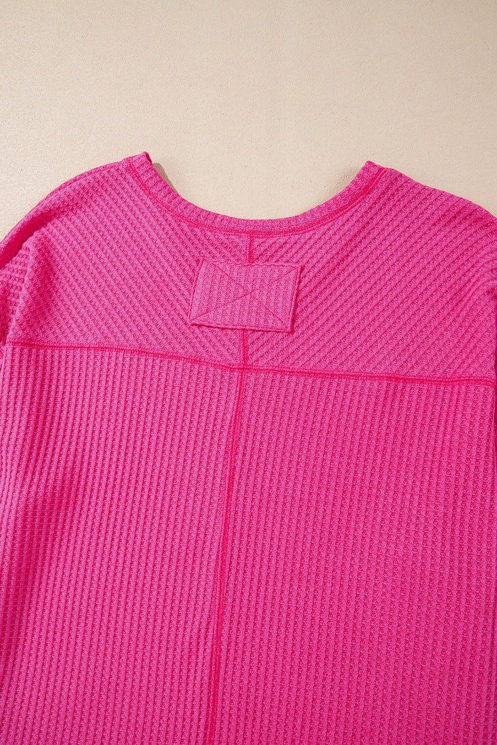 Waffle V Neck Long Sleeve Drop Shoulder Loose Blouse | Bright Pink