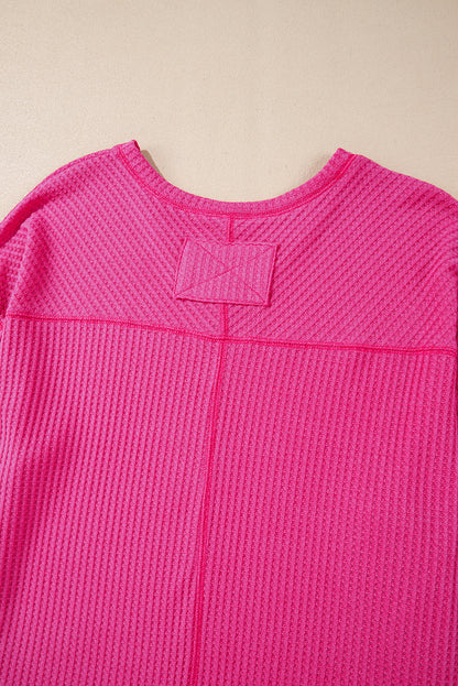 Waffle V Neck Long Sleeve Drop Shoulder Loose Blouse | Bright Pink