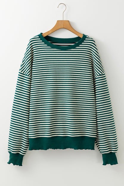 Loose Drop Shoulder Long Sleeve Top | Green Stripe