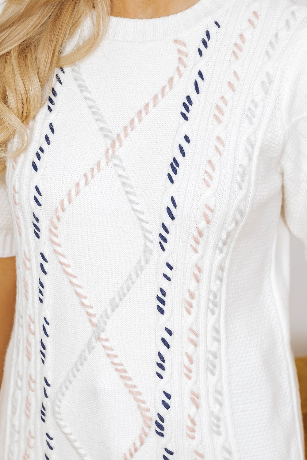 Multicolour Stitch Detail Cable Knit Short Sleeve Sweater | White