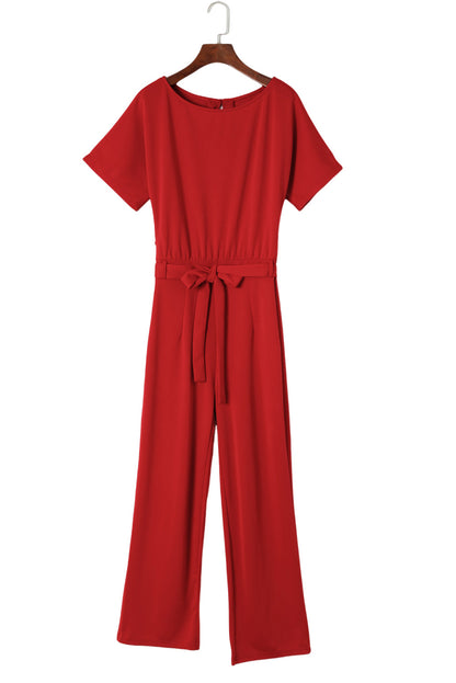 Fiery  Belted Wide Leg Jumpsuit | Red