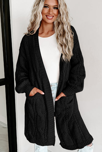 Ribbed Trim Eyelet Cable Knit Cardigan | Black