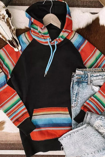 Colourful Striped Patchwork Kangaroo Pocket Hoodie | Multicolour