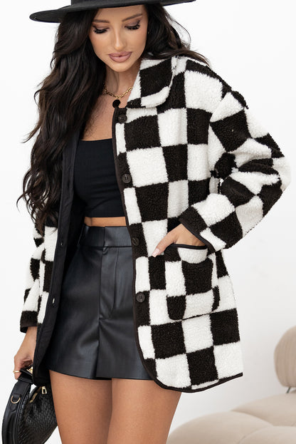 Checkered Side Pockets Collared Buttoned Fleece Jacket | Black