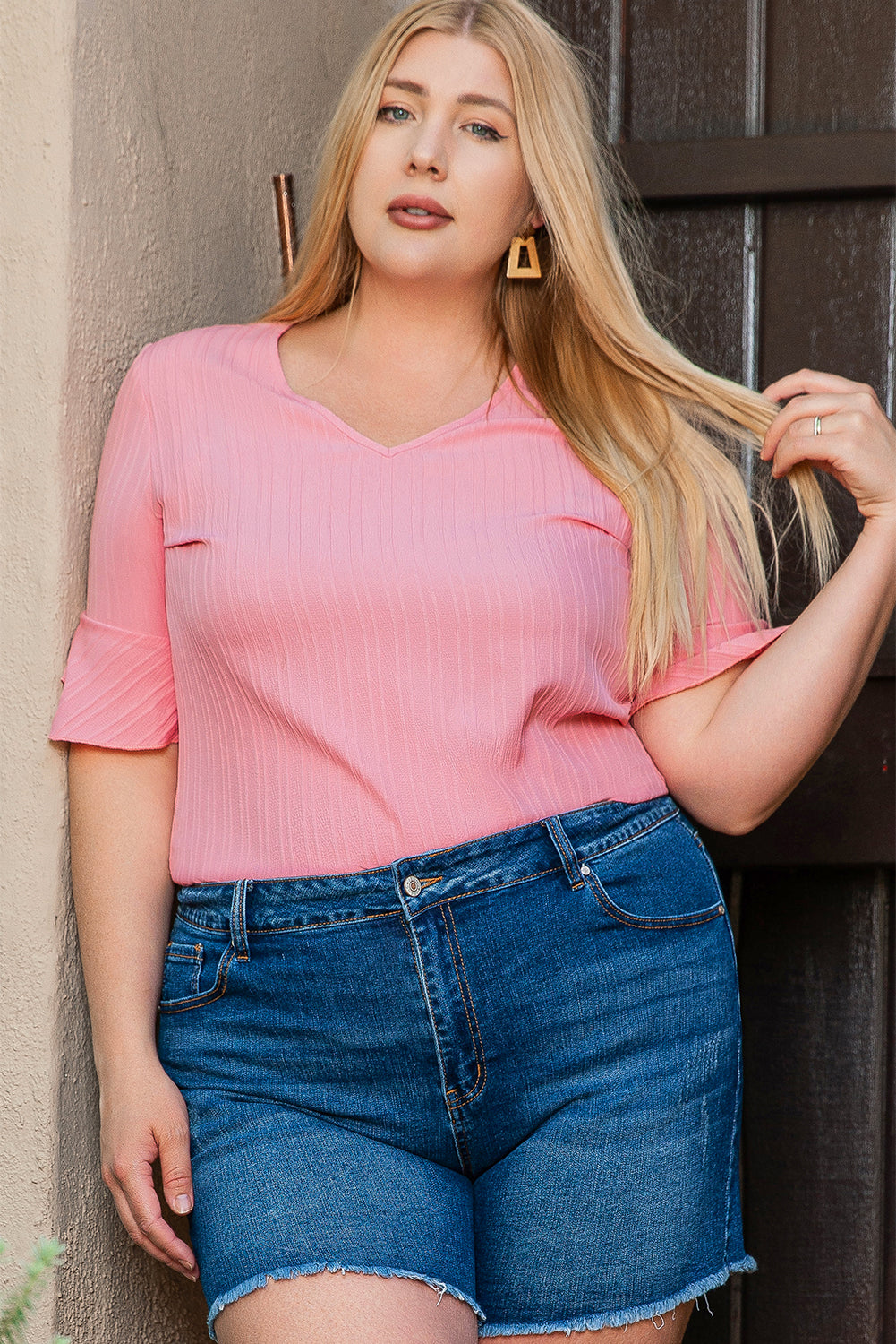 Ruffled Half Sleeve V Neck Textured Plus Top | Peach Blossom