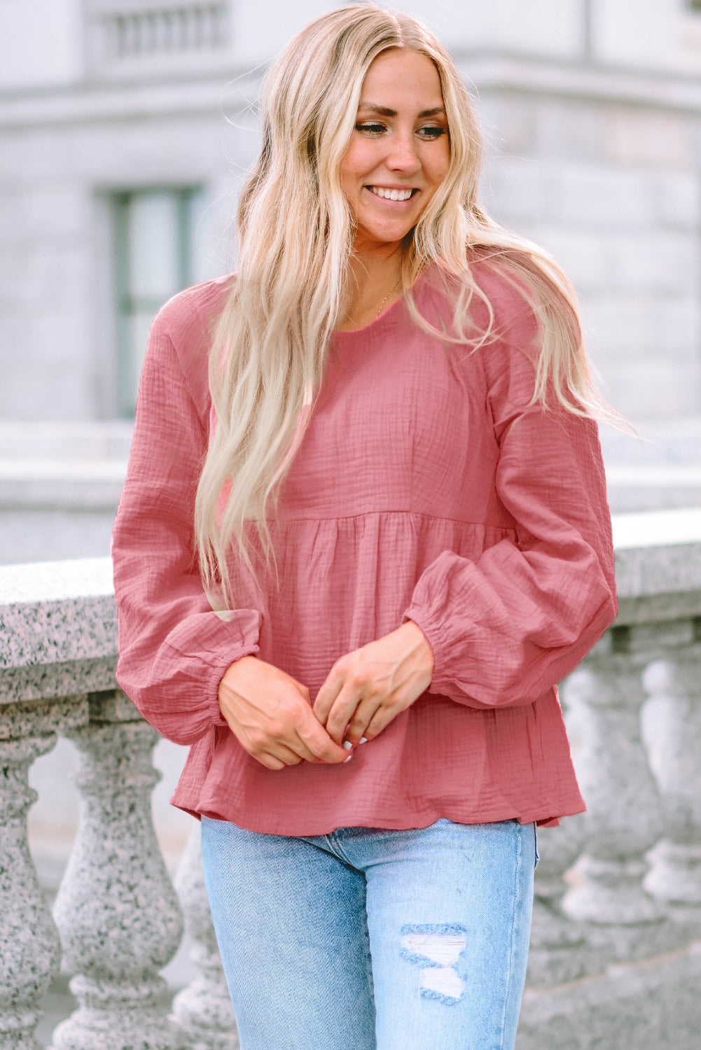 Bubble Sleeve Textured Flowy Blouse | Pink