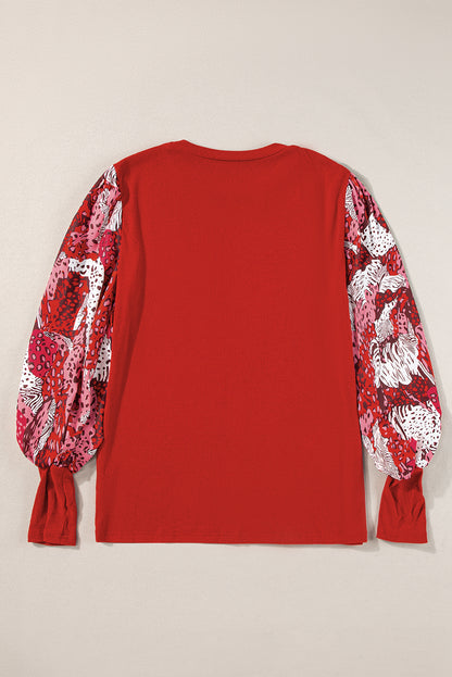 Contrast Mixed Animal Print Lantern Sleeve Patchwork Top | Fiery Red