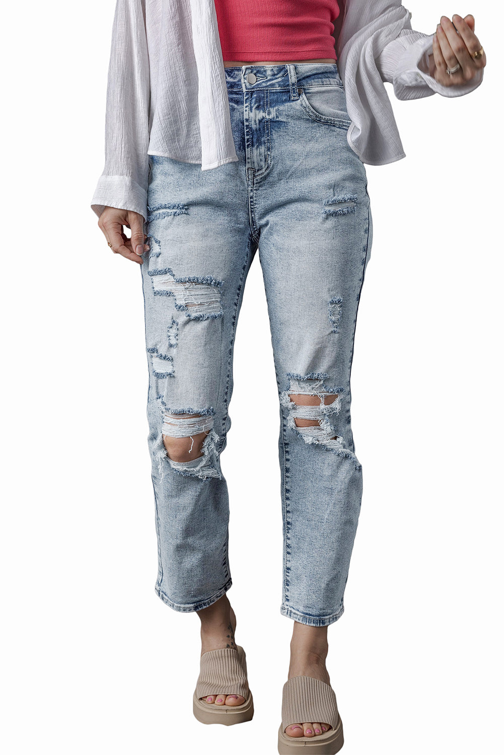 Light Wash Frayed Slim Fit High Waist Jeans | Sky Blue