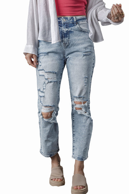 Light Wash Frayed Slim Fit High Waist Jeans | Sky Blue