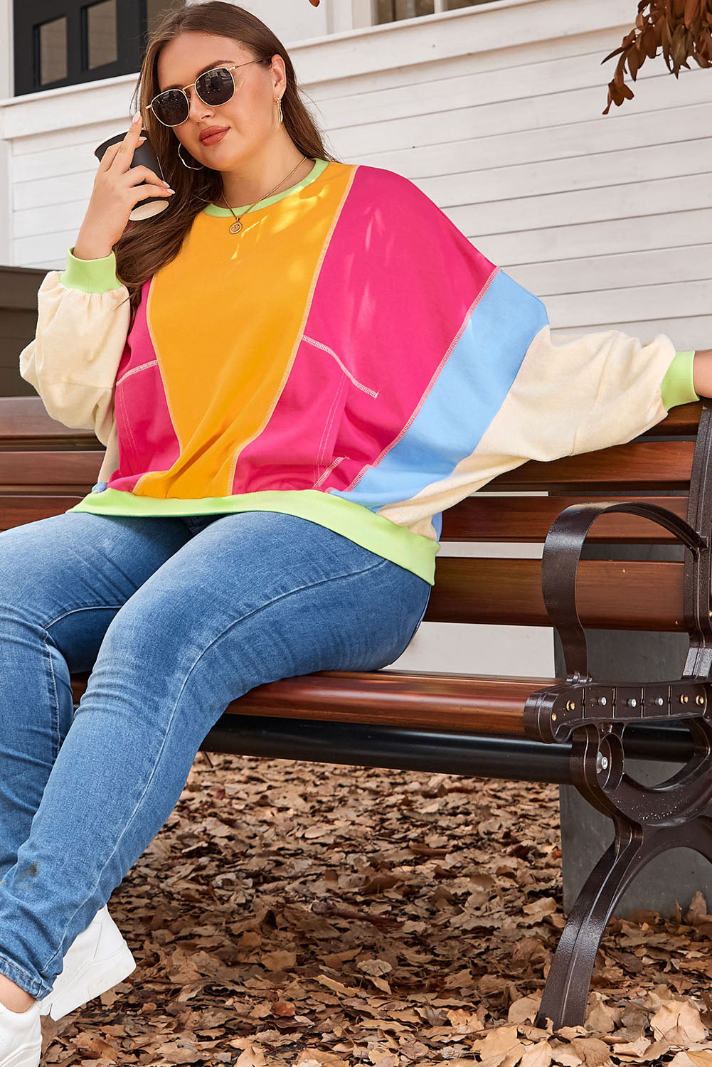 Plus Size Colourblock Patchwork Exposed Seam Sweatshirt | Rose Red