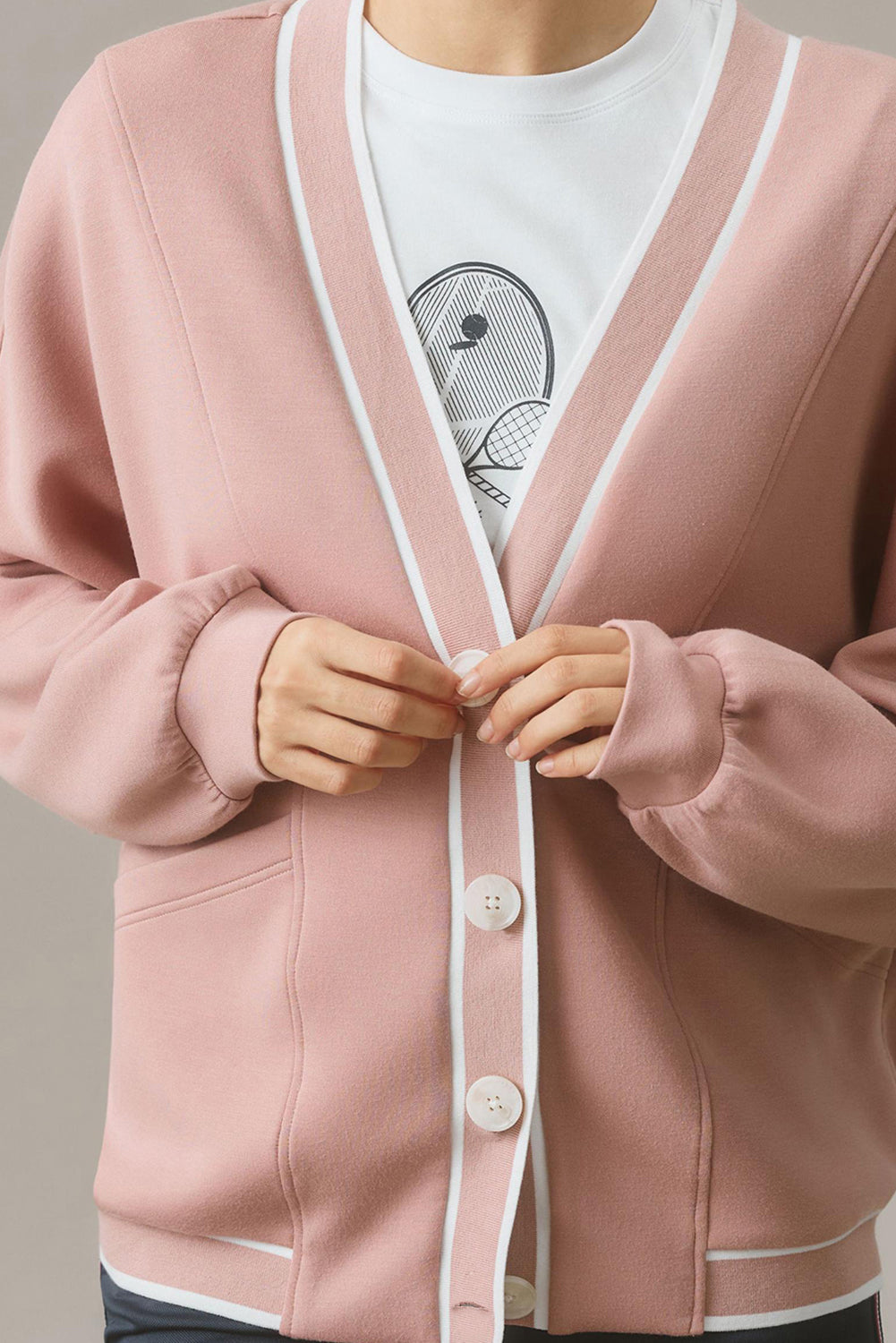 Contrast Trim V Neck Buttoned Front Pocketed Knit Cardigan | Pink Stripe