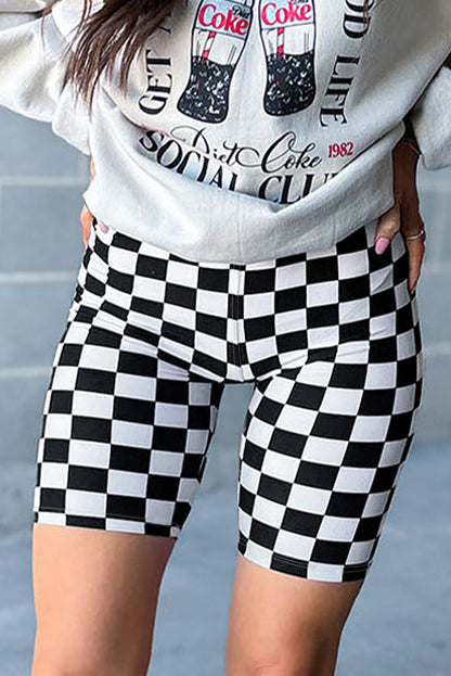 Checkerboard Printed High Waist Biker Shorts | Black