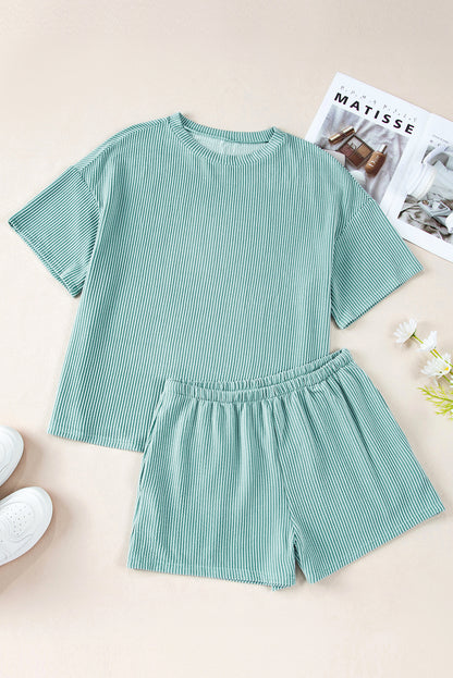 Ribbed Textured Knit Loose Fit Tee And Shorts Set | Iceland Blue