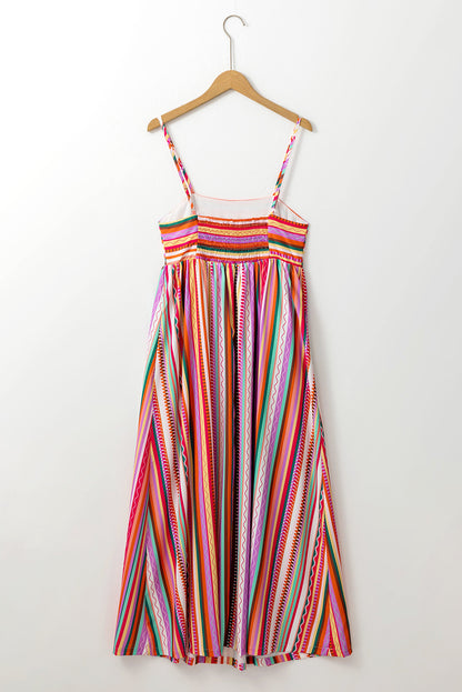 Striped Thin Straps Smocked Back Boho Maxi Dress | Multicolour