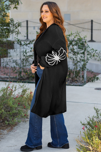 Flower Embroidered Drop Shoulder Open Front Duster Cardigan | Black