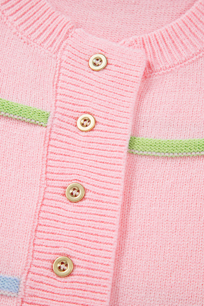 Rainbow Stripes Drop Shoulder Baggy Henley Sweater | Pink