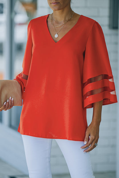 Fiery  Flare Sleeve V Neck Loose Blouse | Red