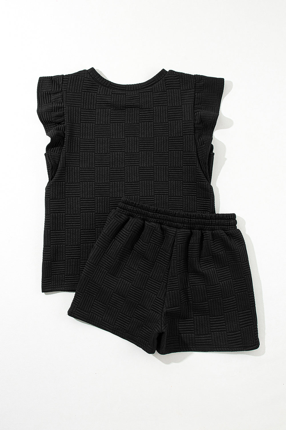 Textured Ruffled Sleeve Tee And Drawstring Shorts Set | Black