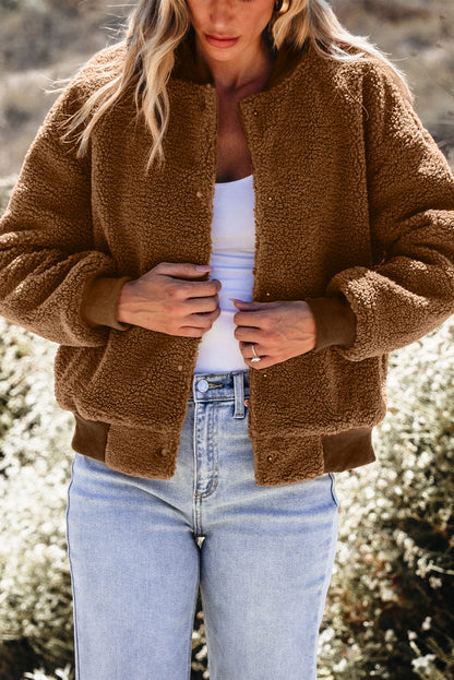 Sherpa Ribbed Baseball Collar Bomber Jacket | Redwood Burl