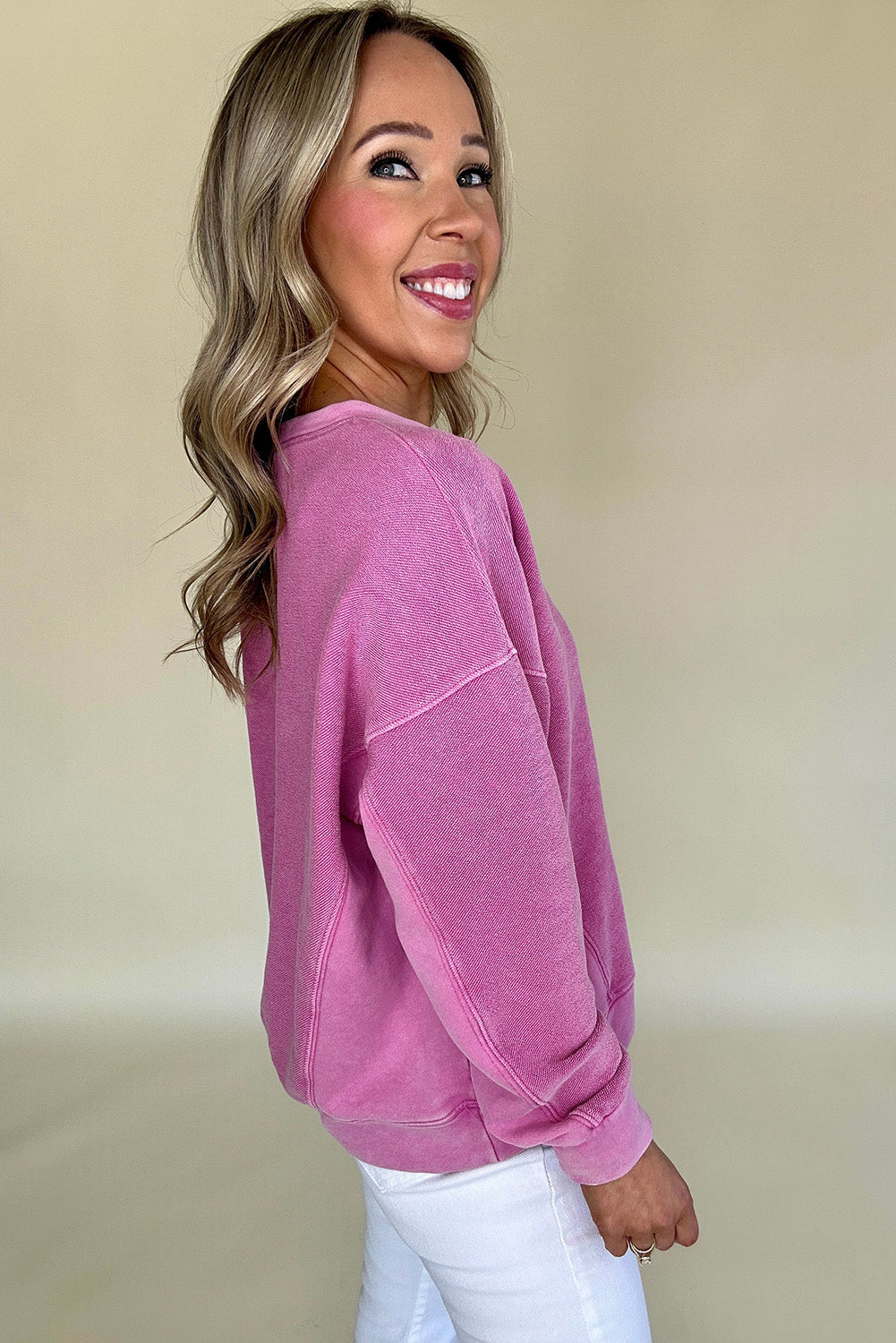 Solid Colour Notched Neck Drop Shoulder Sweatshirt | Bright Pink