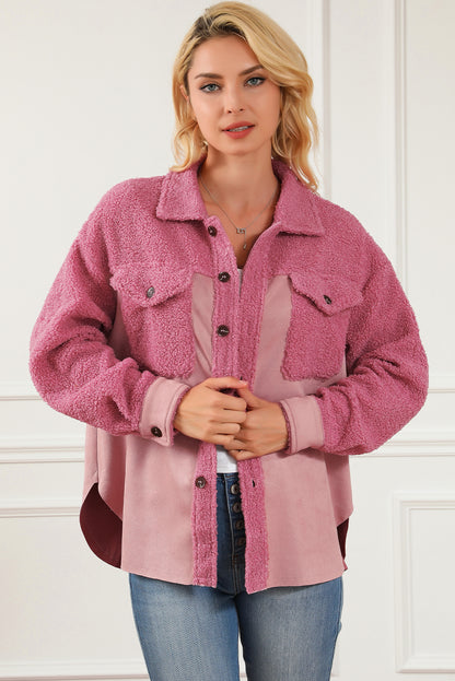 Colourblock Buttoned Flap Pocket Sherpa Shacket | Pink