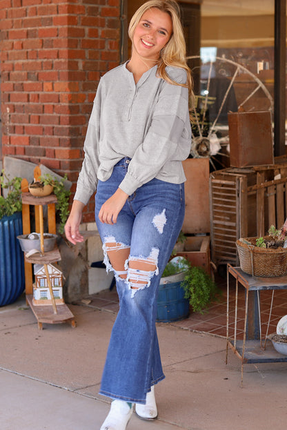 Waffle Patchwork Dolman Sleeve Henley Top | Gray