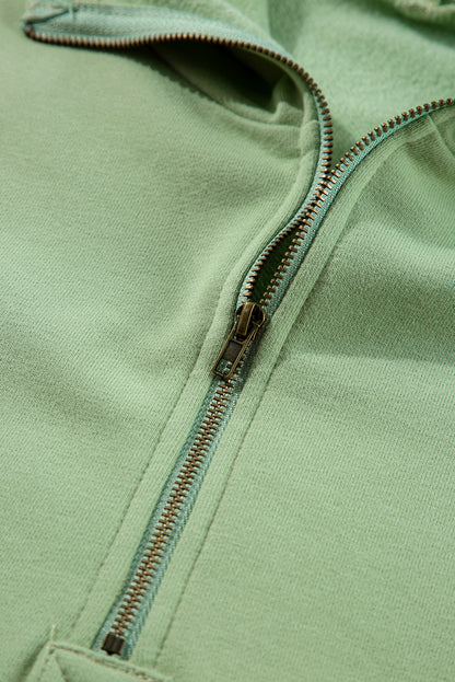 Fleece Lined Half Zipper Kangaroo Pockets Loose Hoodie | Smoke Green