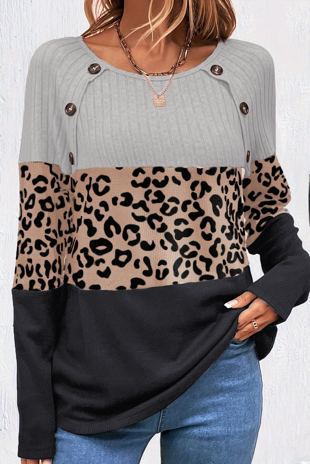 Cheetah Textured Patchwork Buttoned Round Neck T Shirt | Gray