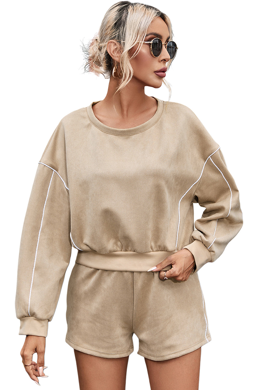 Piping Trim Long Sleeve Terry Shorts Set | Khaki