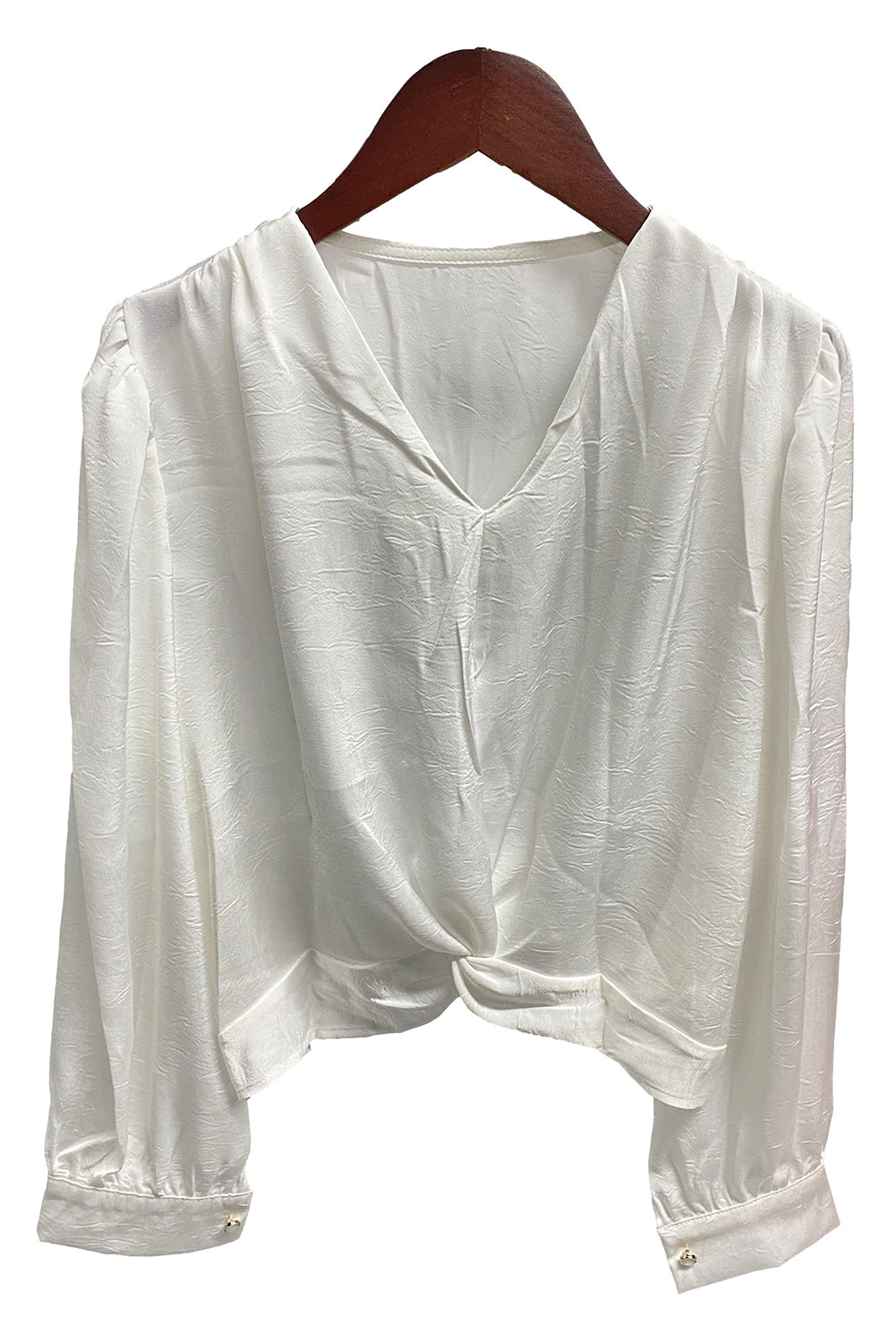 Twisted Elastic Hem V Neck Crop Blouse | White