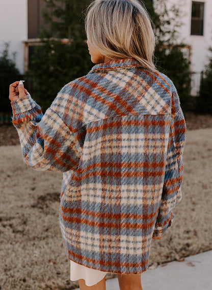 Plaid Print Chest Pockets Turn Down Collar Shacket | Cinnamon