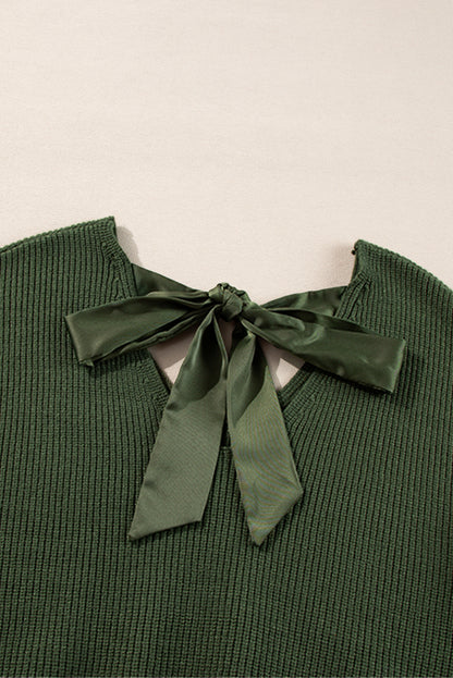 Lantern Sleeve V Neck Knot Back Sweater | Jungle Green