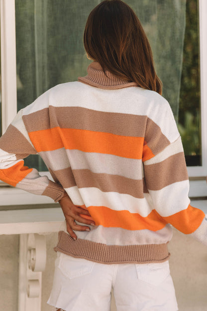 Colour Block Striped Knitted Drop Shoulder Turtleneck Sweater | Multicolour