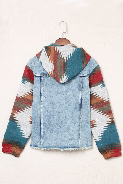 Aztec Print Frayed Hem Denim Jacket | Multicolour