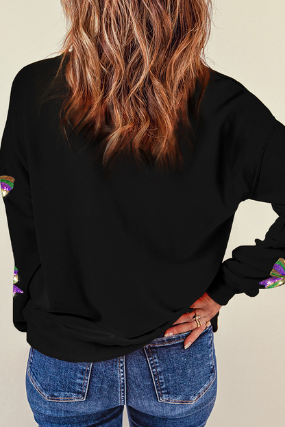 Sequin Mardi Gras Bow Graphic Drop Shoulder Pullover Sweatshirt | Black