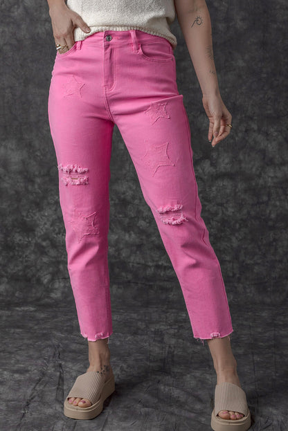 Star Shape Patchwork Mid Waist Straight Leg Jeans | Pink