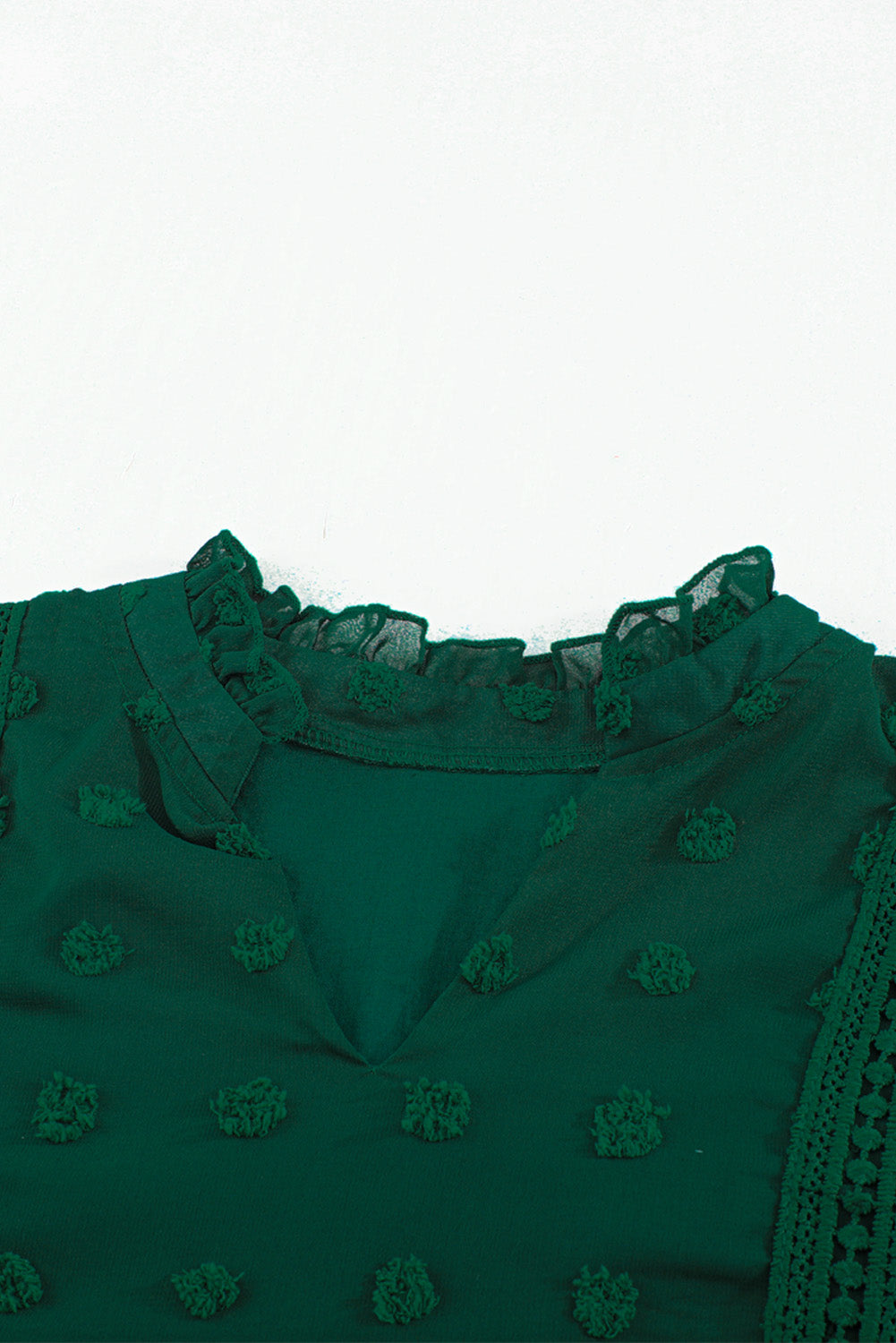 Ruffled Split Neck Lace Hollow Out Puff Sleeve Polka Dot Blouse | Green