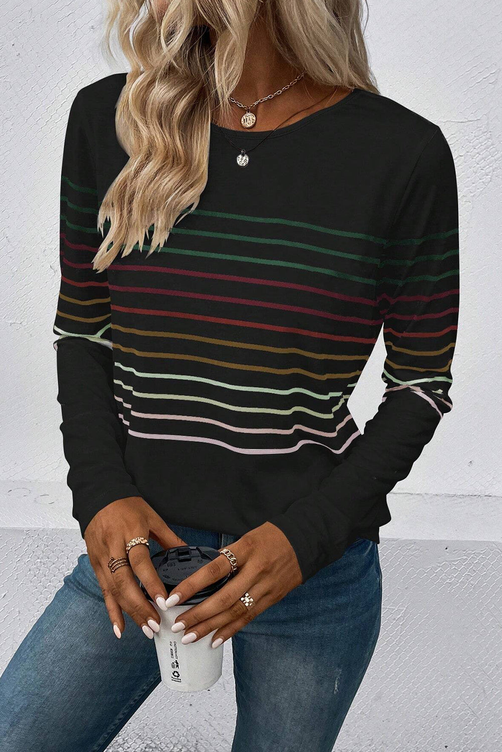 Multicolour Striped Crew Neck Long Sleeve Top | Black