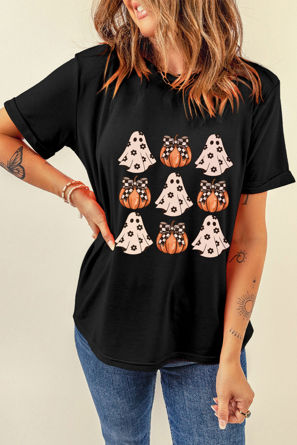 Halloween Ghost Pumpkin Print Crew Neck T Shirt | Black