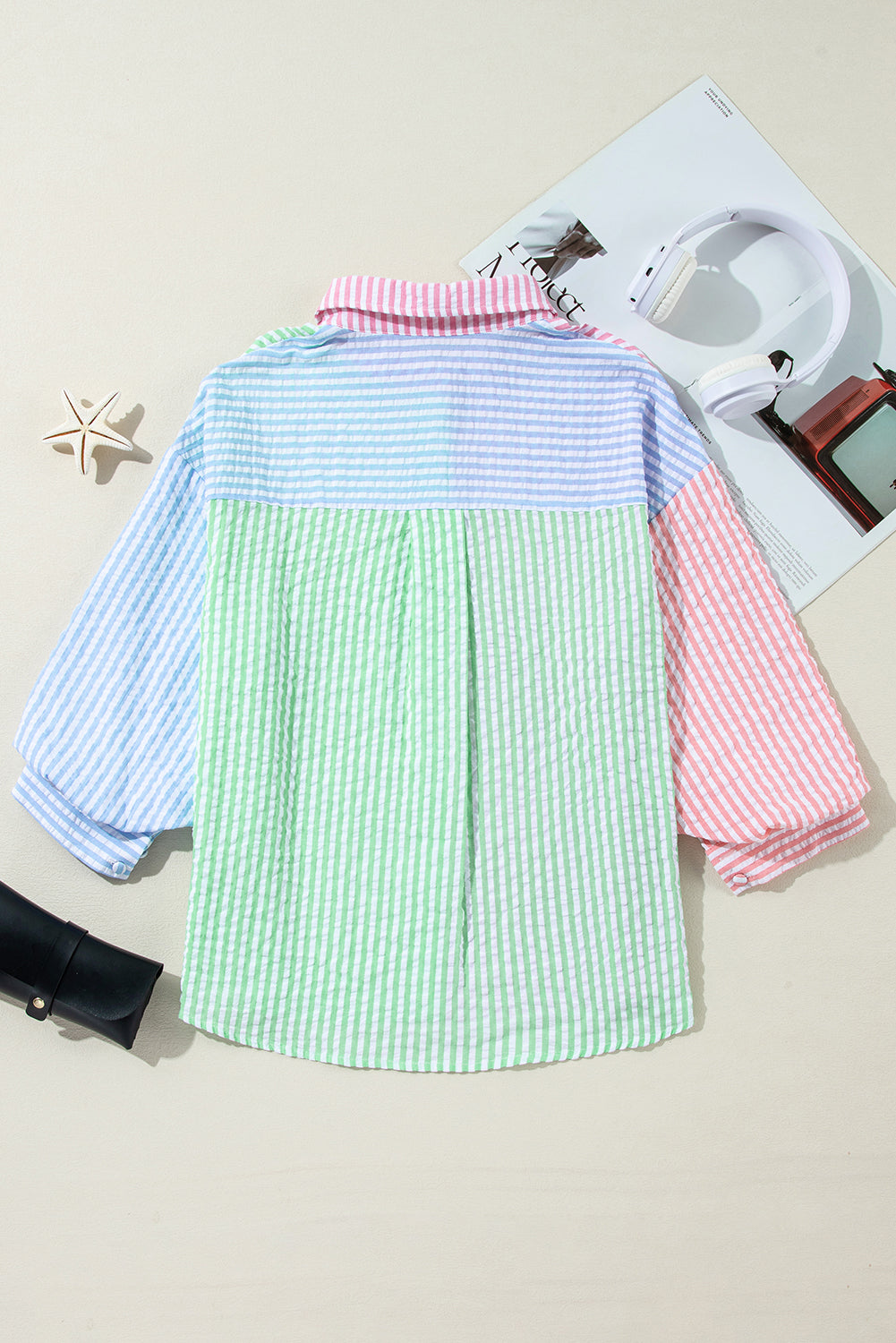 Colour Block Balloon Sleeve Buttoned Loose Fit Shirt | Pink Stripe